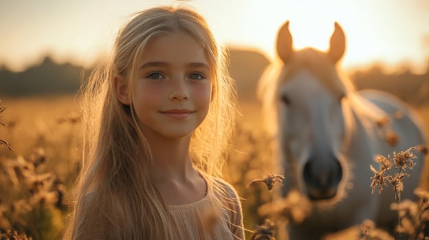A young girl stands in a golden meadow at sunset, smiling softly while a white horse gently grazes nearby among tall wildflowers creating a peaceful atmosphere. photo