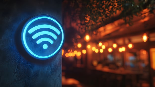 Glowing blue WiFi symbol illuminates wall-mounted sign in modern design. Technology icon stands out in evening atmosphere with bokeh lights creating dark, moody setting. WiFi photo