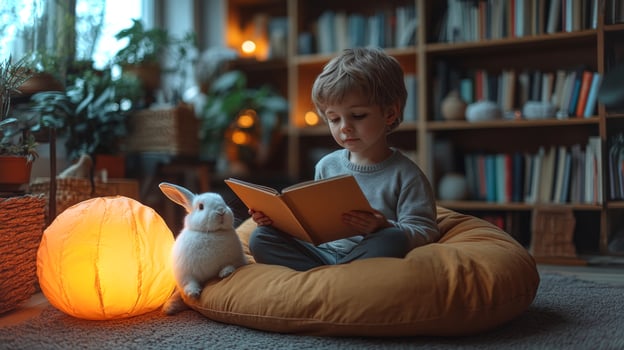 A young child sits on a soft bean bag, engrossed in a book, while a fluffy rabbit rests next to him in a warm, inviting room filled with books and gentle ambient light. photo