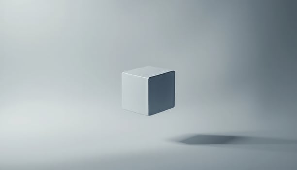 Floating Cube in Minimalist Gray Studio. A Study in Shape and Light photo