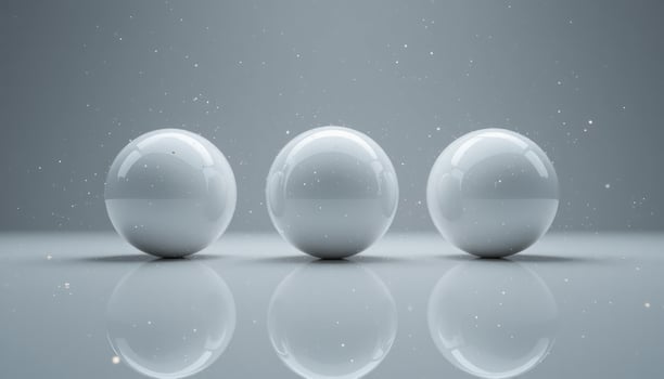 Three Perfect White Spheres Reflecting on a Smooth Surface, Minimalist 3D Render with Subtle Light Particles photo