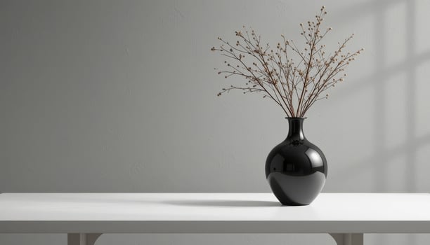 Elegant Minimalist Home Decor Still Life. Black Vase with Dried Branches on White Table photo