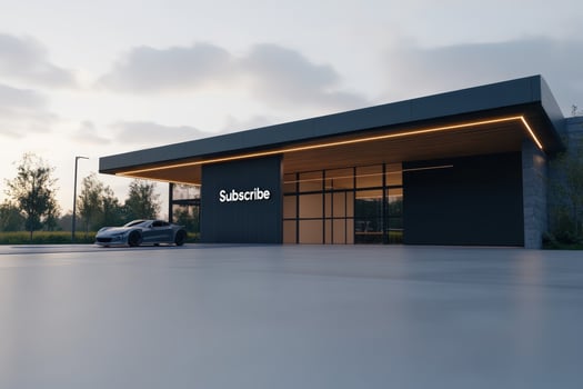 Modern building with sleek architecture featuring a large 'Subscribe' sign during daylight hours. Rent the future, real estate for a subscription. photo