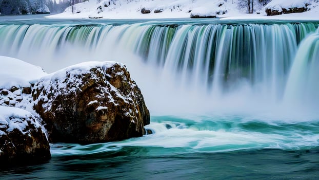 Icelandic waterfall in winter with stone photo