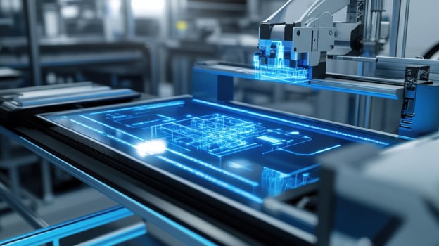 An electronic tablet positioned on a factory bench shows a 3D model of parts being assembled overlaying guidance arrows and dimensions to facilitate accuracy photo