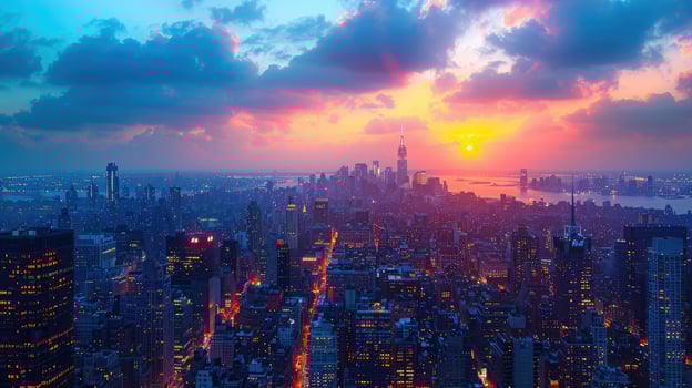 Stunning Aerial View of City Skyline at Sunset Vibrant Colors Urban Landscape photo