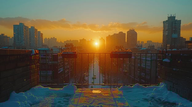 Stunning Sunset Cityscape View from Rooftop Balcony in Winter Snow photo