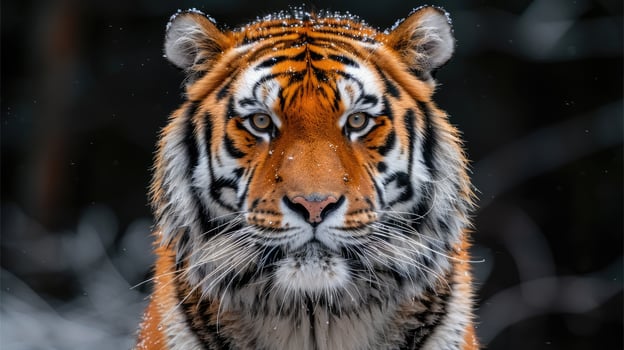Majestic Siberian Tiger Close Up Portrait in Winter Snowflakes on Fur photo