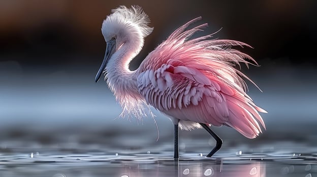 Roseate Spoonbill wading in shallow water sunset light pink feathers beautiful bird photo