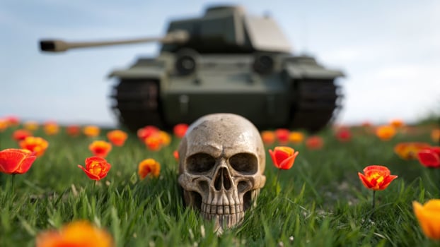 Death and remembrance a weathered skull amidst vibrant poppies near a tank in a battlefield landscape photo