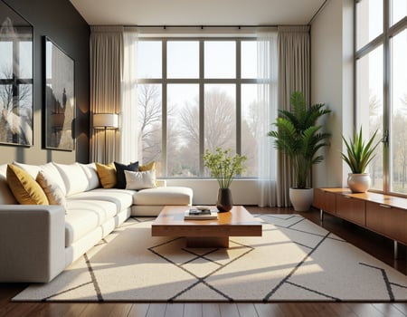 A modern living room featuring a large, comfortable white sectional sofa, a wooden coffee table, and large windows that let in plenty of natural light photo