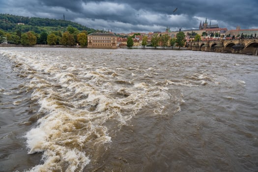 Flood in Prague. View of Prague Castle across the flooding river Vltava, Prague. High quality photo