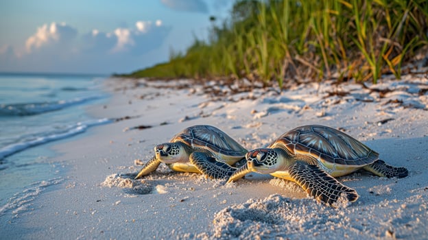 Nesting sea turtles on peaceful Gulf coastline, surrounded by undisturbed sand and gentle waves photo