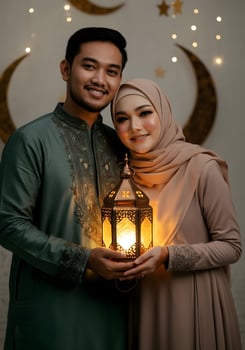 Islamic festival celebration with Islamic Couple and Lantern Happy Eid Mubarak post photo