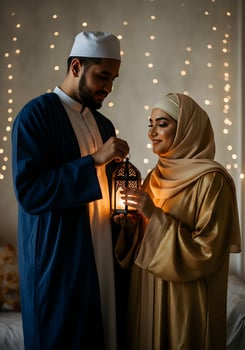 Islamic Couple holding Islamic Lantern The Glow of Ramadan Spreading Warmth and Kindness Ramadan photo