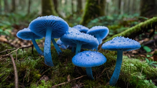 Close Up Of A Enchanting Blue Mushrooms in Mossy Forest photo