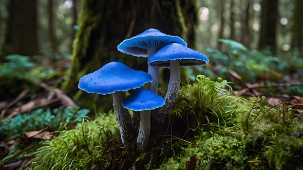 Enchanting Blue Mushrooms in Mossy Forest photo