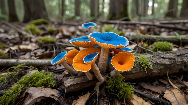 Vibrant Blue and Orange Mushrooms in Autumn Forest photo