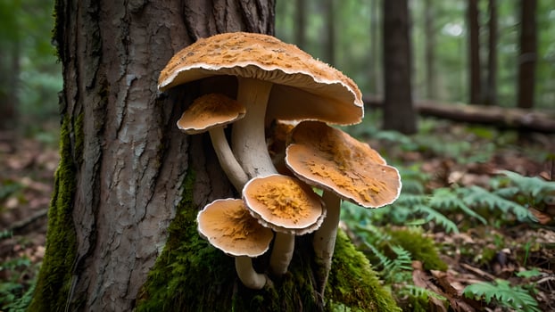 Cluster of Orange Mushrooms Growing on Tree Trunk in Forest photo