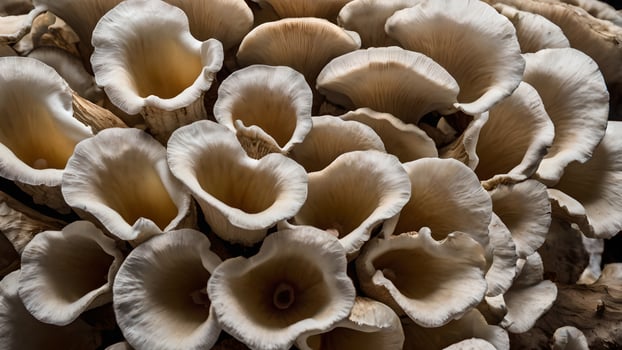 Close Up Oyster Mushroom Cluster Underside Close Up photo