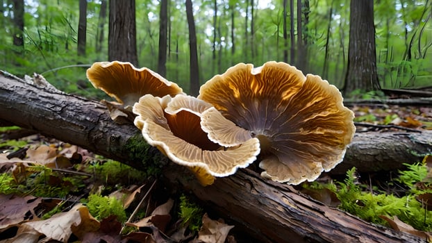 Golden Turkey Tail Mushrooms on Fallen Log in Autumn Forest photo