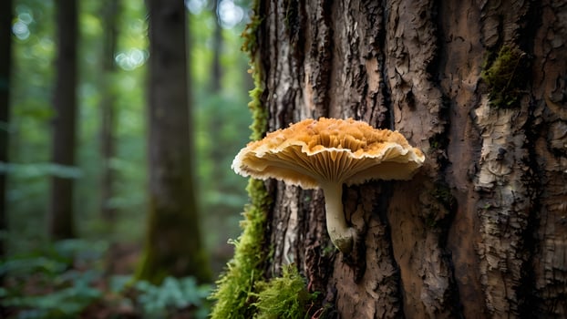 Shaggy Ink Cap Mushroom on Forest Tree Bark photo