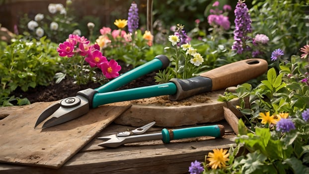 Gardening Tools Amidst Blooming Flowers in a Sunlit Garden photo