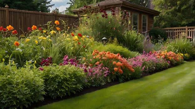Vibrant Summer Garden Border with Cottage Style Shed photo