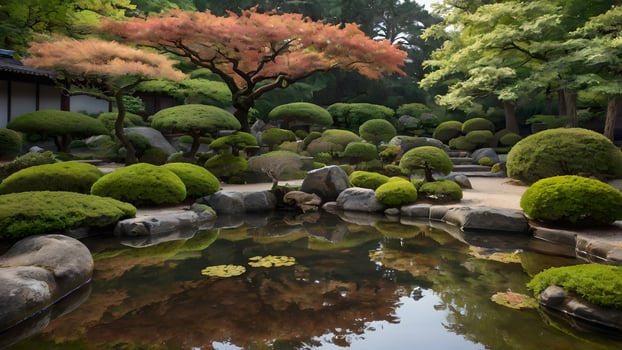 Serene Japanese Garden Pond Reflection in The Hague photo