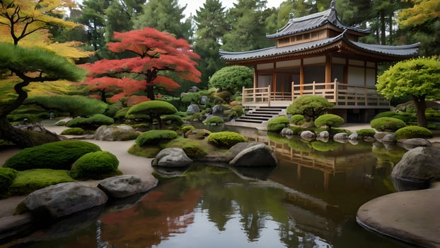 Serene Japanese Garden Pond with Autumn Colors and Traditional Pavilion photo