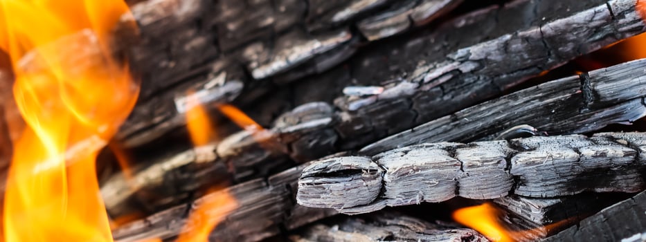 Flames of fire and hot coals of burned wood photo