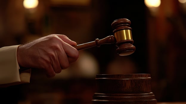 Hand holding a gavel above a sounding block, symbolizing legal decision-making... photo