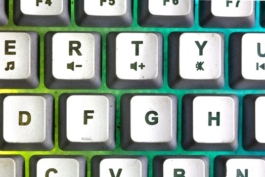 Detail photo of keyboard key with yellow and green color back light