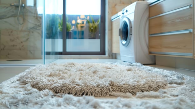 Modern bathroom interior with cozy fluffy rug near washing machine photo