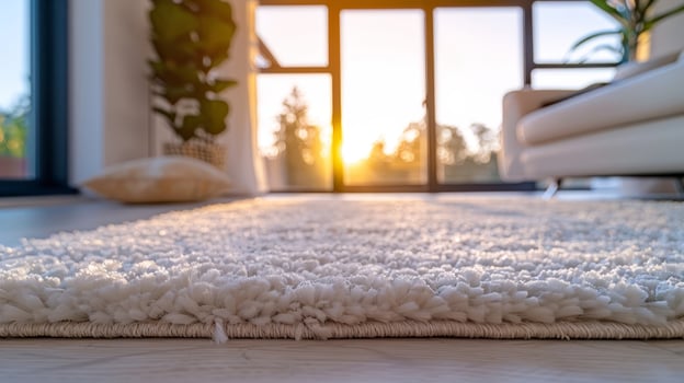 Cozy living room with fluffy rug and sunlit modern decor photo