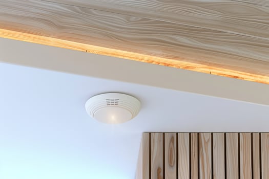 Modern home ceiling with smoke detector and wooden paneling design photo