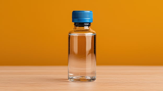 Small clear bottle with blue cap on wooden surface photo