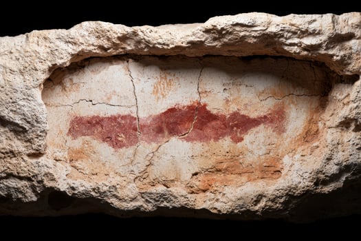 Ancient cave painting of a red abstract design on a textured stone wall photo