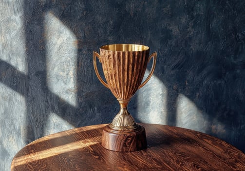 Golden trophy on wooden table against dark background photo