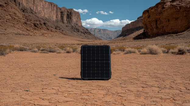 Portable solar panel charging in a desert canyon photo