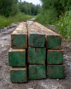 Stacked wooden beams with green end caps photo