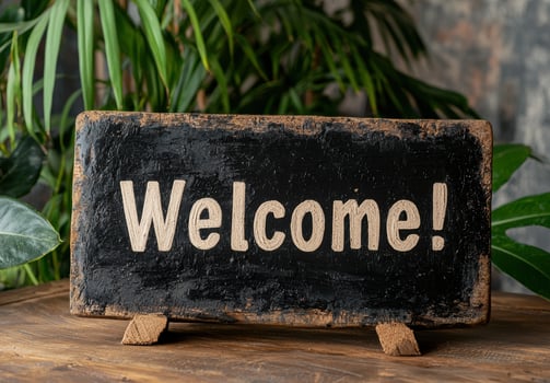 Rustic wooden welcome sign on a table photo