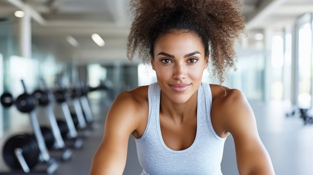 confident woman exercising in modern gym, showcasing strength and determination photo