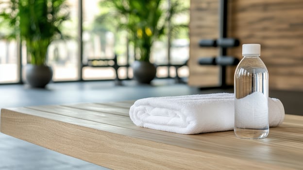 A bottle of water and a towel on a wooden bench photo