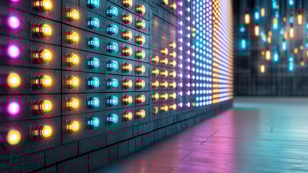 A wall with many colorful lights on it photo