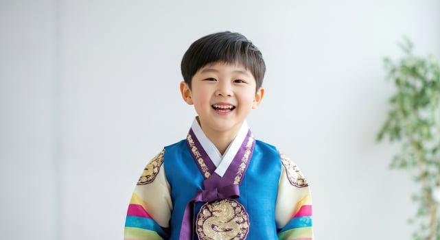 Cheerful asian child in traditional korean hanbok celebrating cultural heritage photo