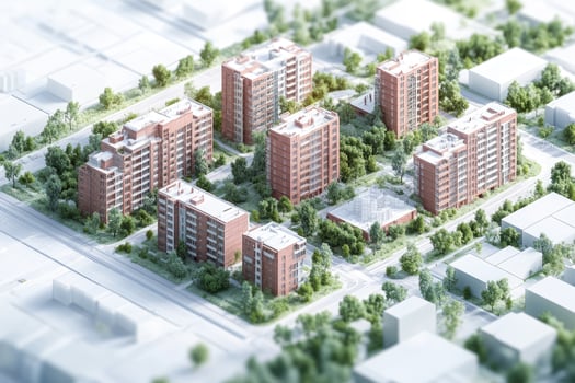 Residential complex surrounded by green trees in miniature model photo