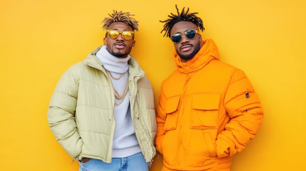 Stylish men in trendy jackets against vibrant yellow wall photo