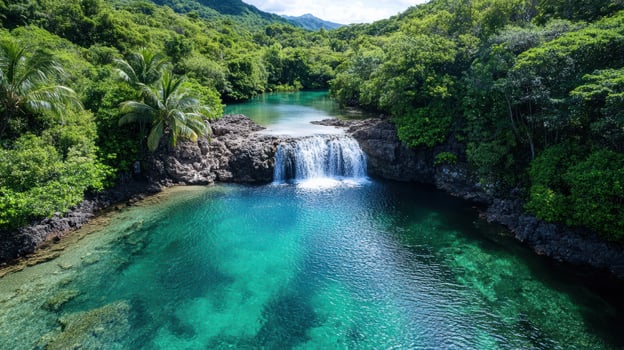 scenic waterfall surrounded by lush greenery and clear blue water photo