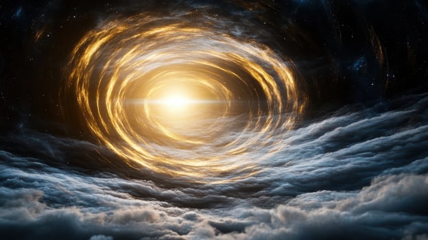 cosmic swirl of golden light emerges from swirling clouds, creating mesmerizing scene photo